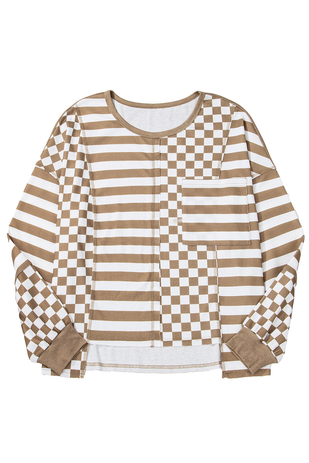 Khakifarbene Bluse mit Schachbrettmuster und Patchwork-Laternenärmeln und Taschen