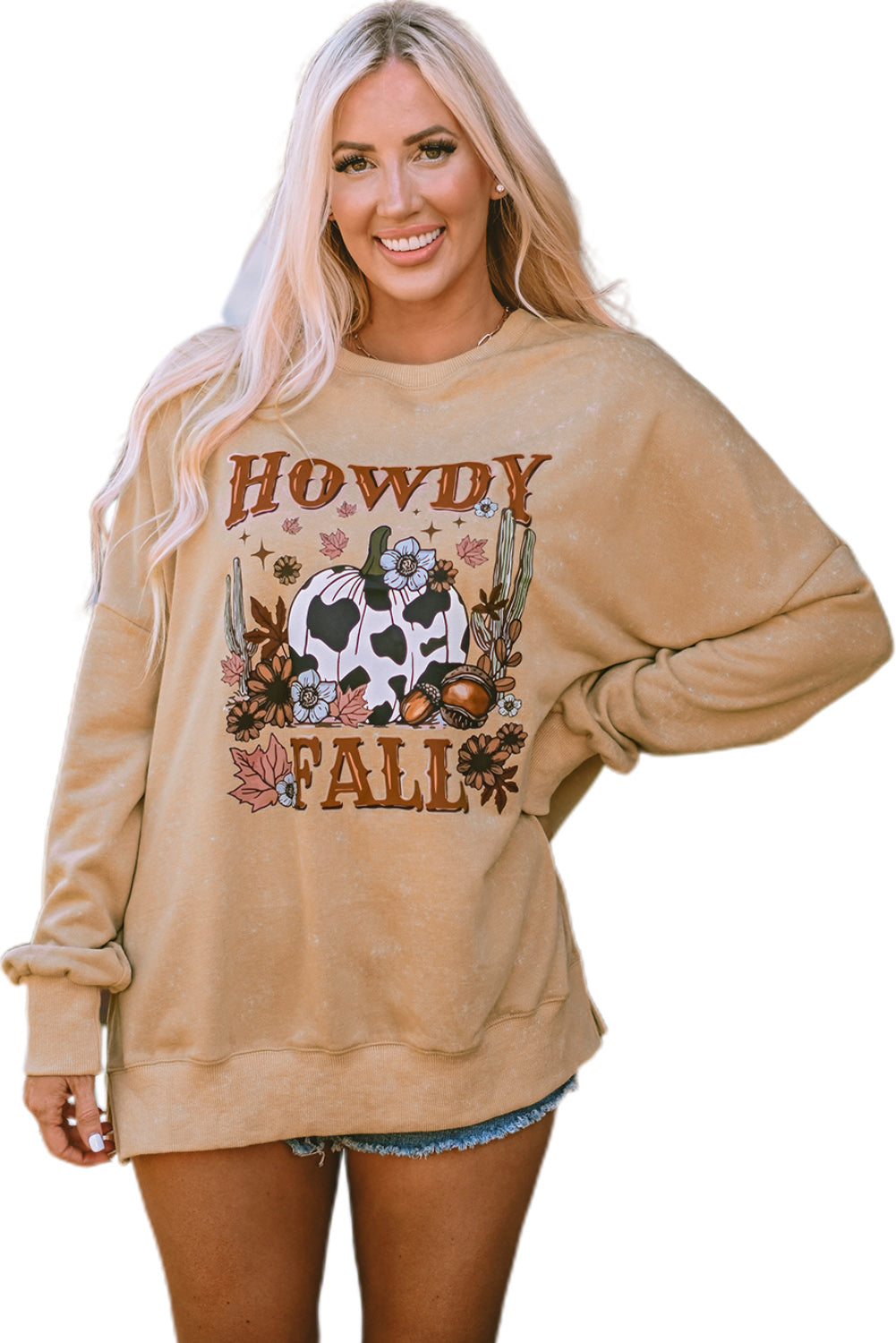 Khakifarbenes Sweatshirt „HOWDY FALL“ mit Kürbis-Print und geteiltem Saum