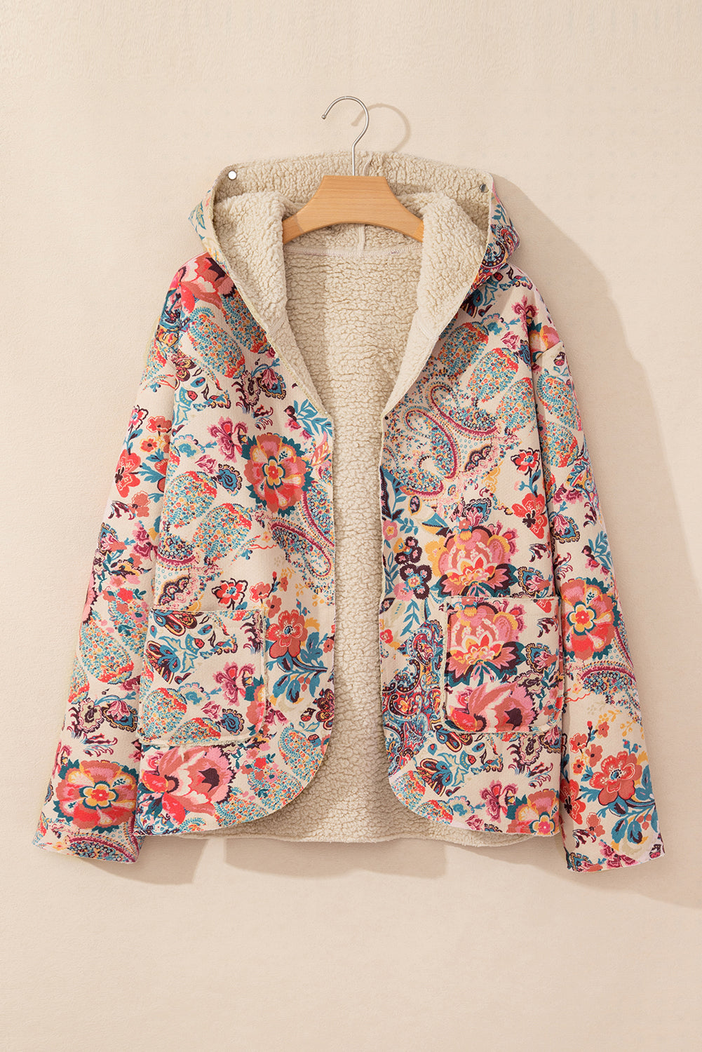 Beige Vintage Paisley Blumendruck Sherpa-gefütterte Kapuzenjacke