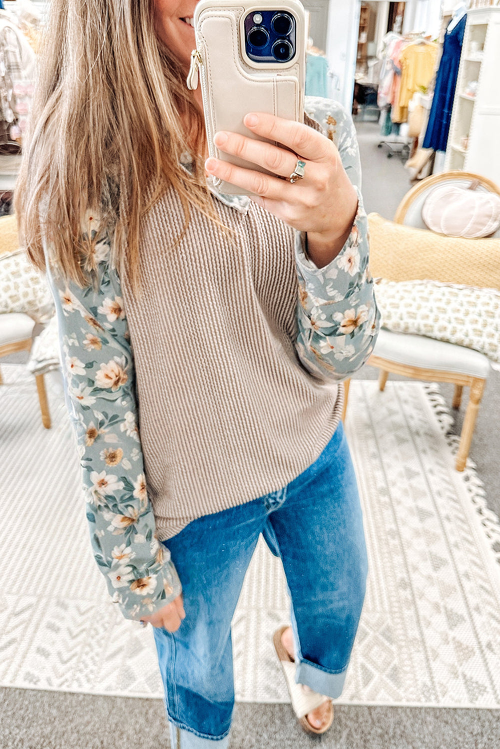 Parchment Twist Ribbed Floral Contrast Patchwork Long Sleeve Top