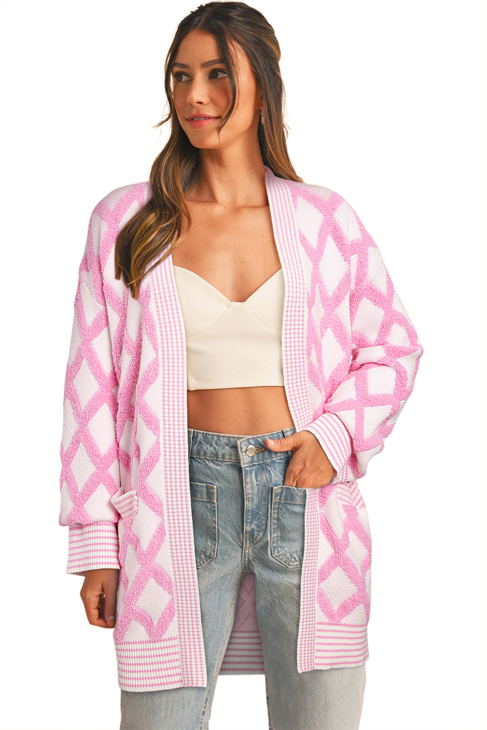 Rosa Strickjacken mit Rautenmuster und offenen Taschen vorne