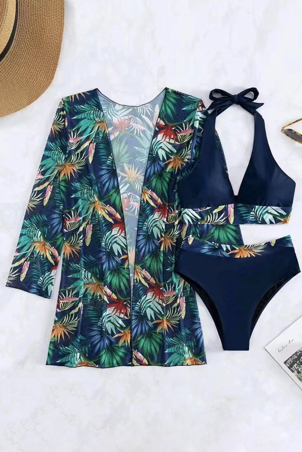 Schwarzes 3-teiliges Neckholder-Bikini-Set mit tropischem Kontrastbesatz und Überzug