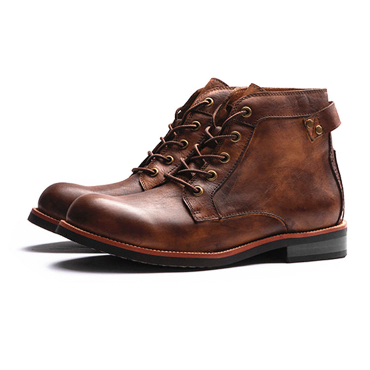 Retro Lace-Up Leather Ankle Boots Men's Low Heel Motorcycle Shoes