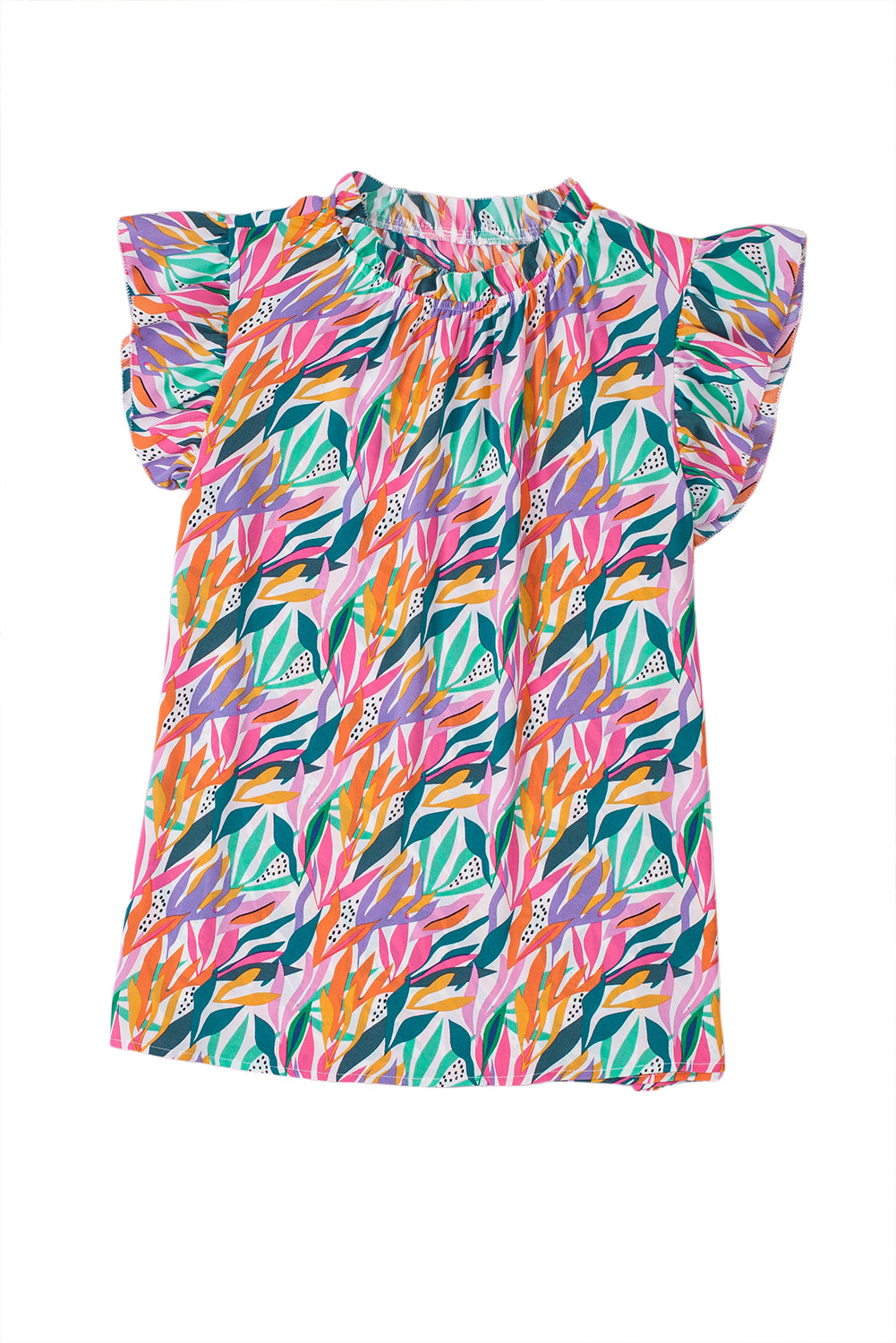 Rosarote Bluse mit Blumenmuster und Rüschen und Flatterärmeln