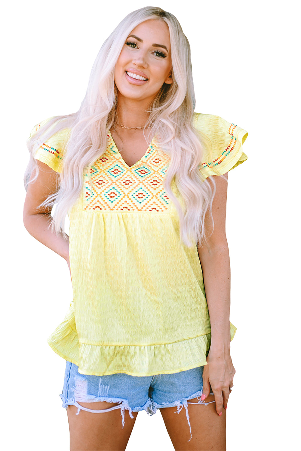 Yellow Geometric Embroidery Textured Top with Ruffles