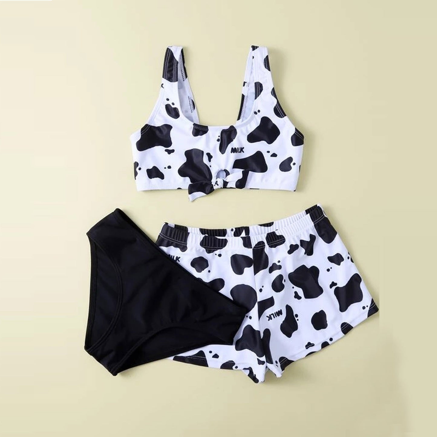Mädchen Badeanzug mit geteiltem Kuh-Print, Bikini-Badeanzug, dreiteiliger Anzug