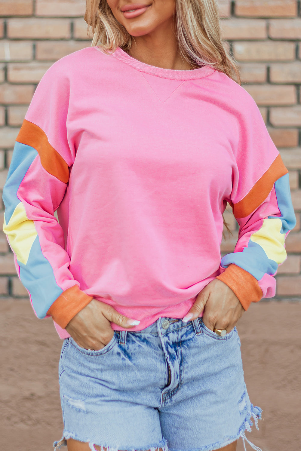 Pinkes French-Terry-Oberteil mit Farbblockdesign und Candy-Muster