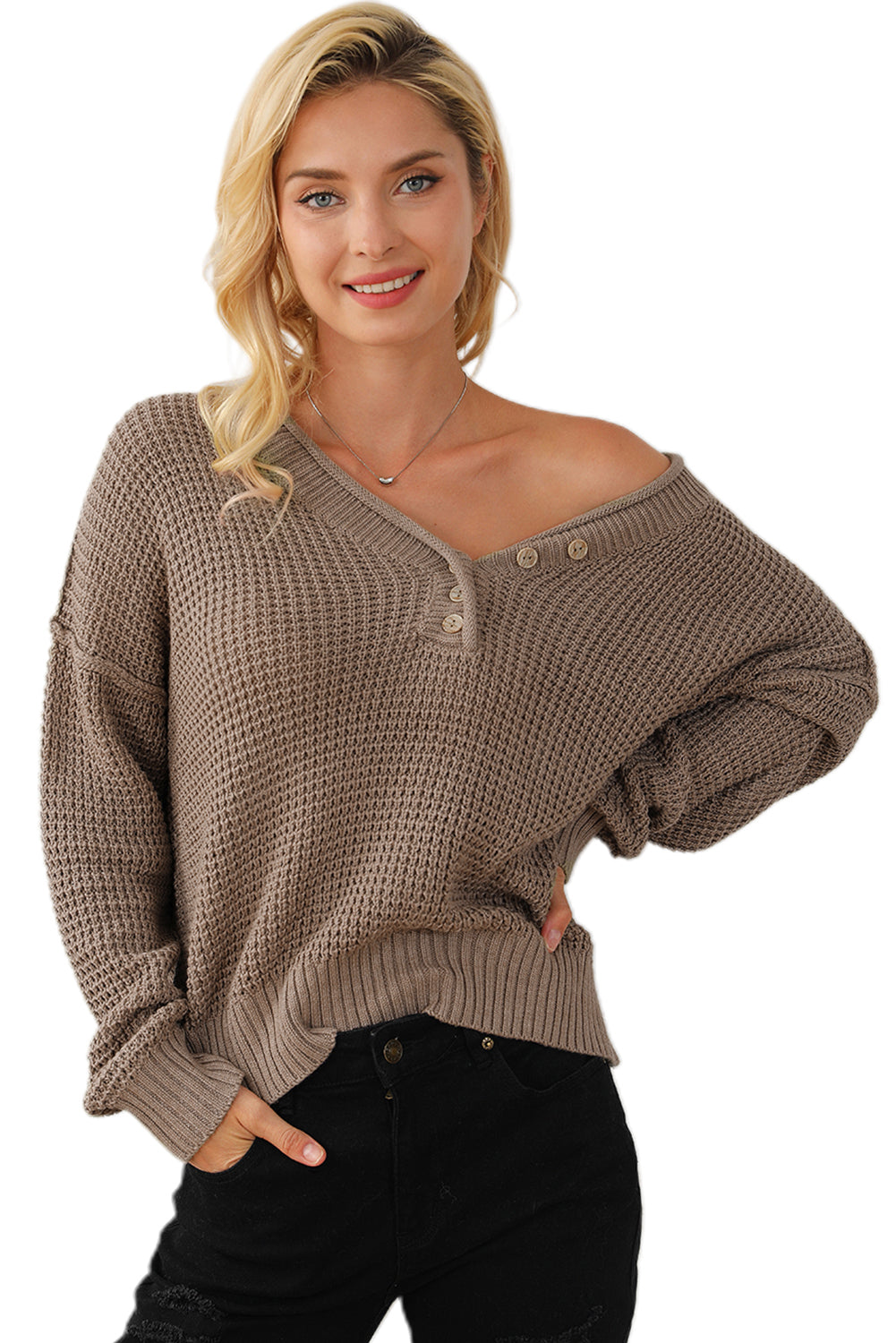 Khakifarbener Pointelle-Strickpullover mit Knöpfen und V-Ausschnitt und überschnittener Schulter