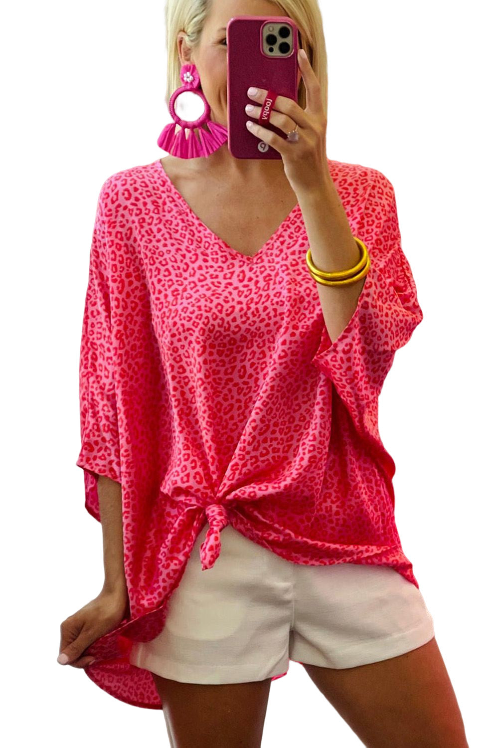 Oversize-Oberteil mit V-Ausschnitt und Halbarm und Leopardenmuster in Rosa