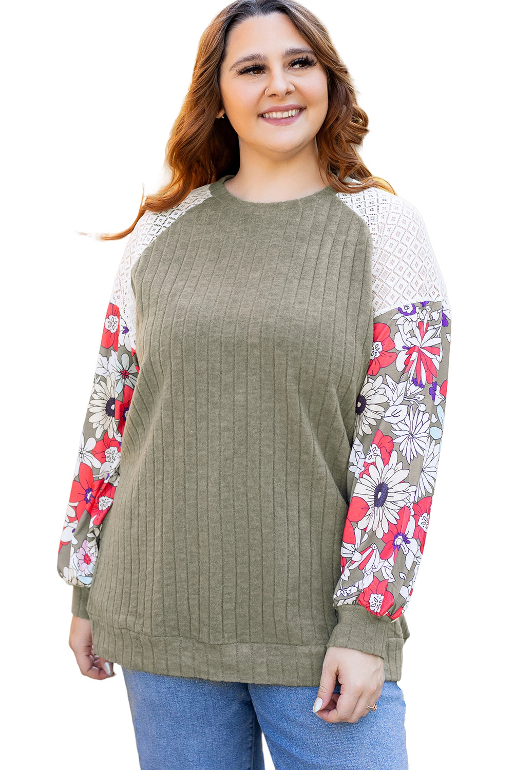 Vineyard Green – Bluse mit strukturiertem Patchwork-Blumenmuster und Raglanärmeln in Übergröße
