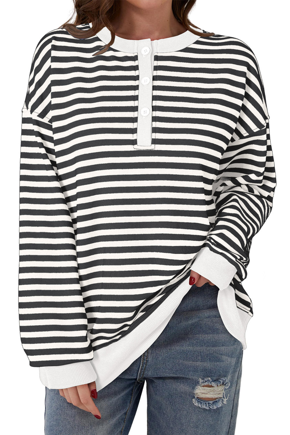 Weißes, gestreiftes, farbiges Block-Sweatshirt mit Rundhalsausschnitt und Knöpfen