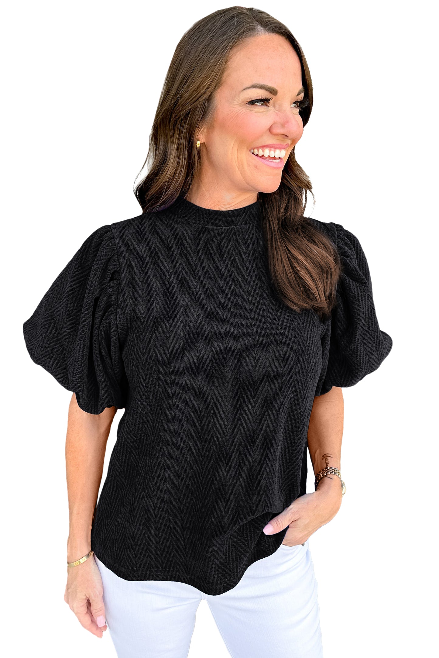 Schwarze Bluse mit Stehkragen und Puffärmeln