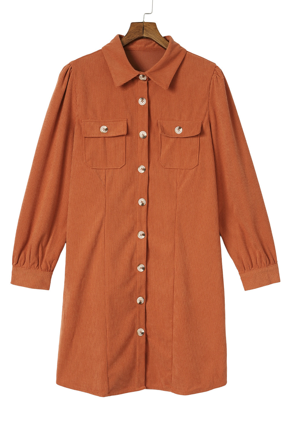 Khaki Corduroy Buttoned Long Sleeve Shirt Dress