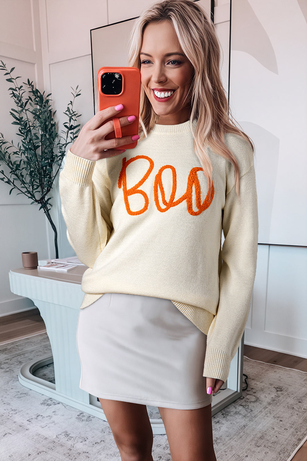 Apricot Boo – Pullover mit Strickmuster, geripptem Rand und überschnittener Schulter