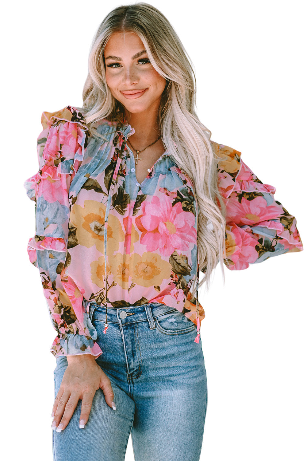 Rosa Bluse mit Blumenmuster und Rüschen