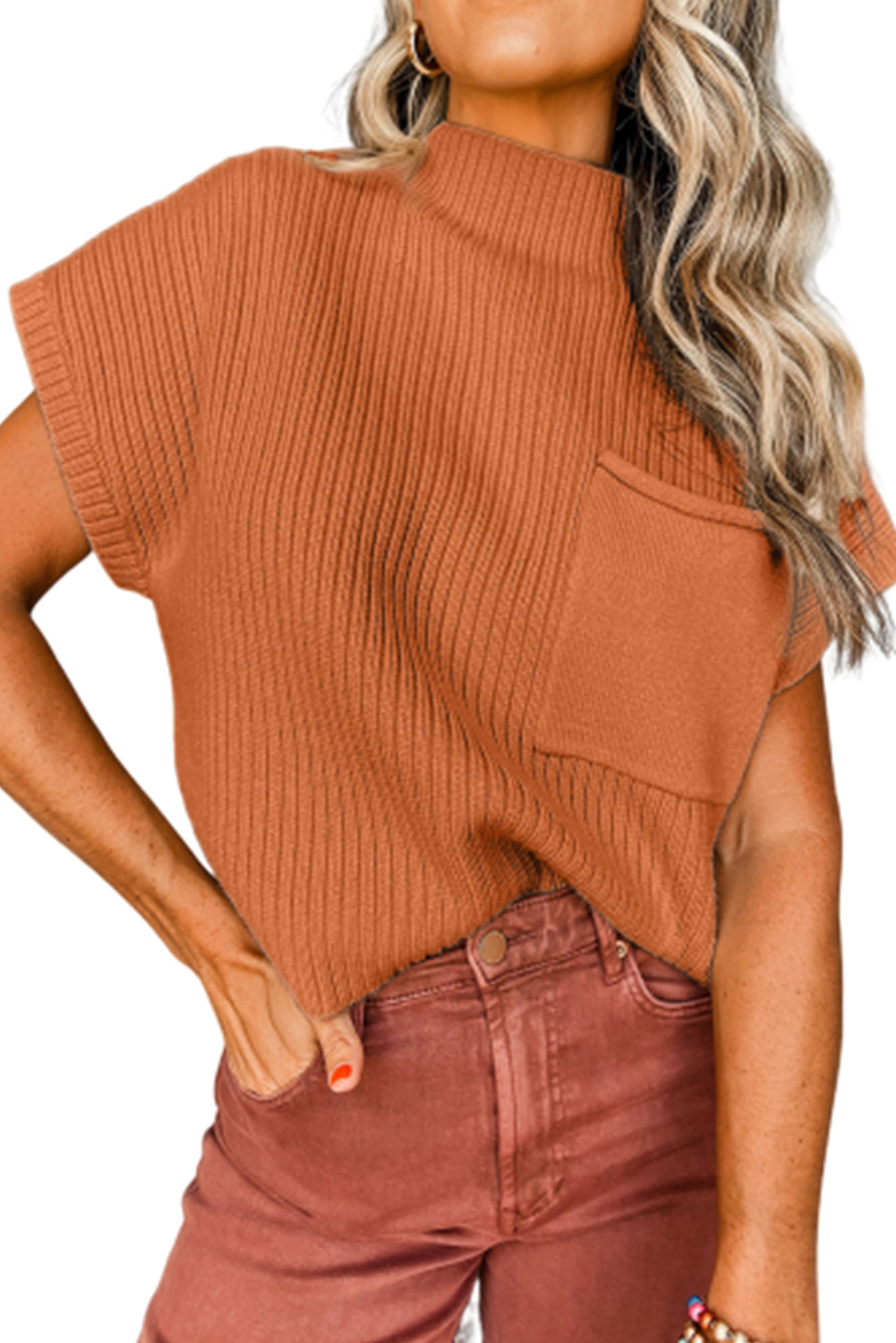 Gold Flame Patch Pocket Rippstrick-Kurzarmpullover