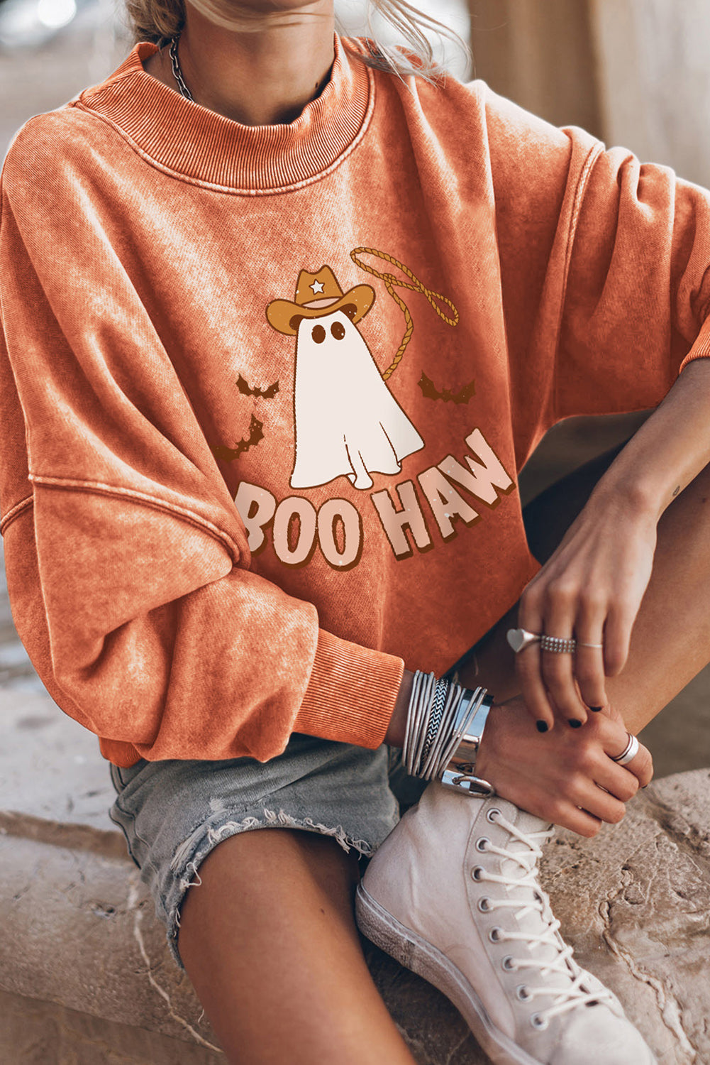 Oranges Sweatshirt mit überschnittenen Ärmeln und BOO HAW Ghost Halloween-Print