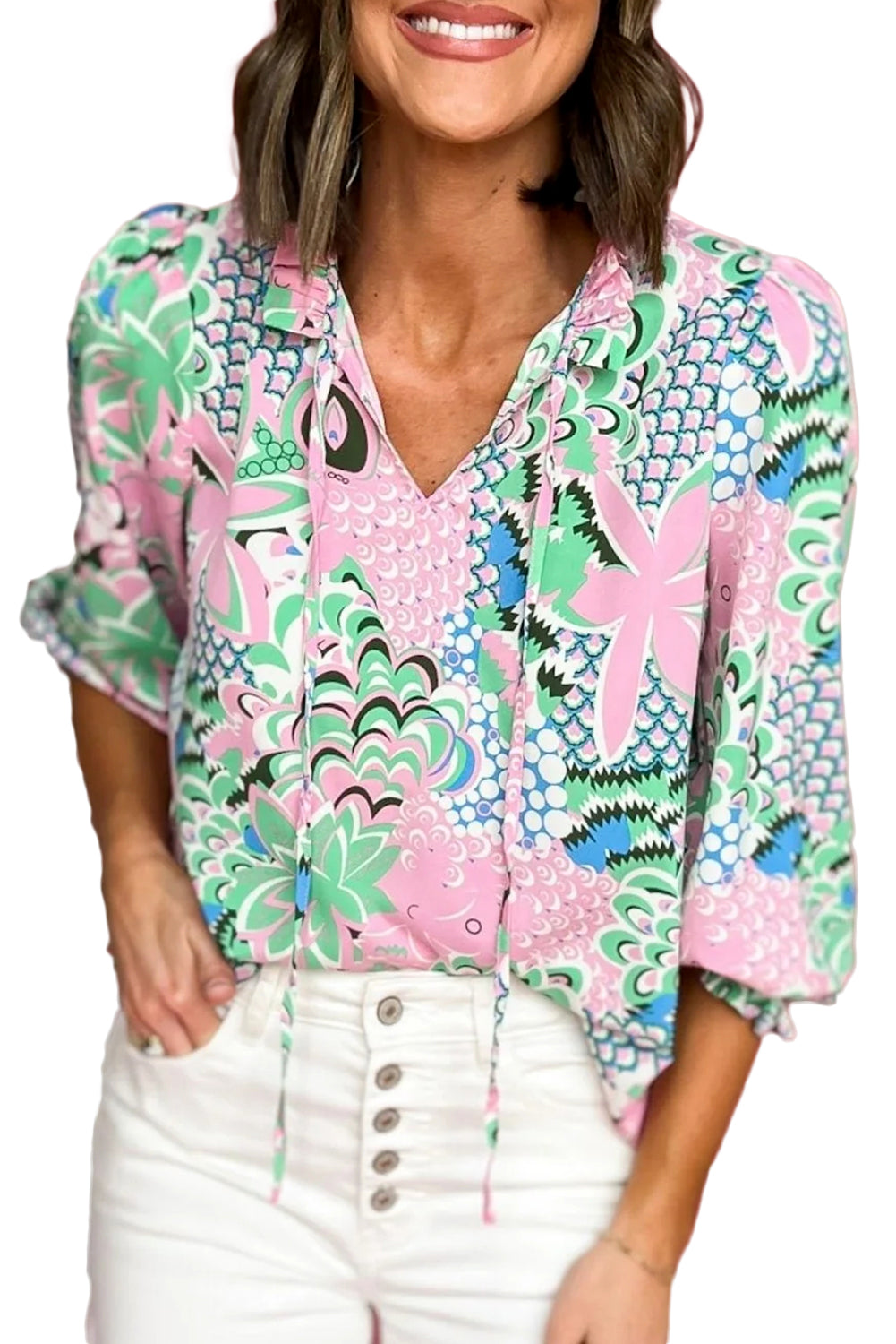 Grüne, lockere Bluse mit V-Ausschnitt und Blumenmuster