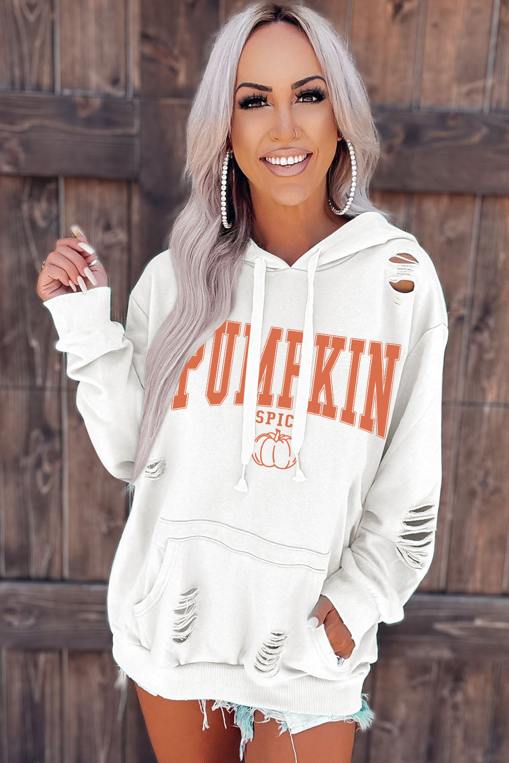 Weißer PUMPKIN SPICE Distressed Hoodie
