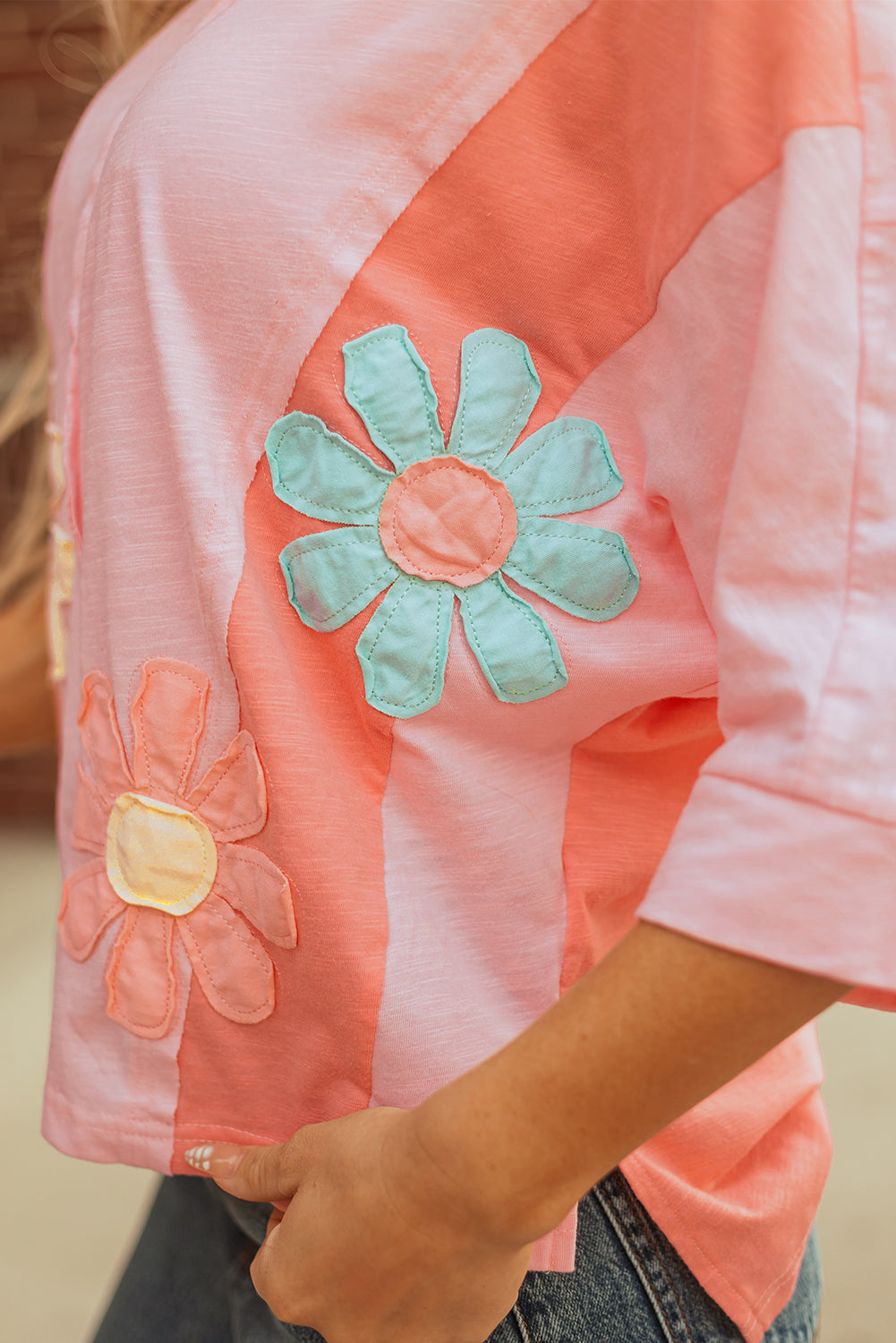 Pink Flower Patched Exposed Seam Bracelet Sleeve Oversized T Shirt