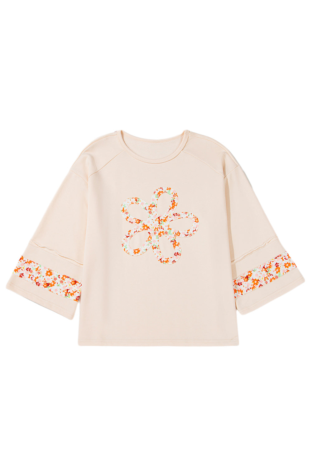 Beiges Plus Size Top mit Rundhalsausschnitt und Blumenpatches