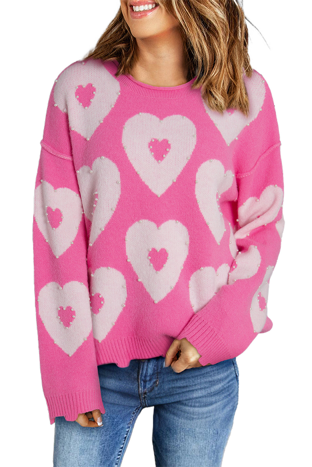Bonbon Pullover mit Perlen und Herz-Ausschnitt und überschnittener Schulter