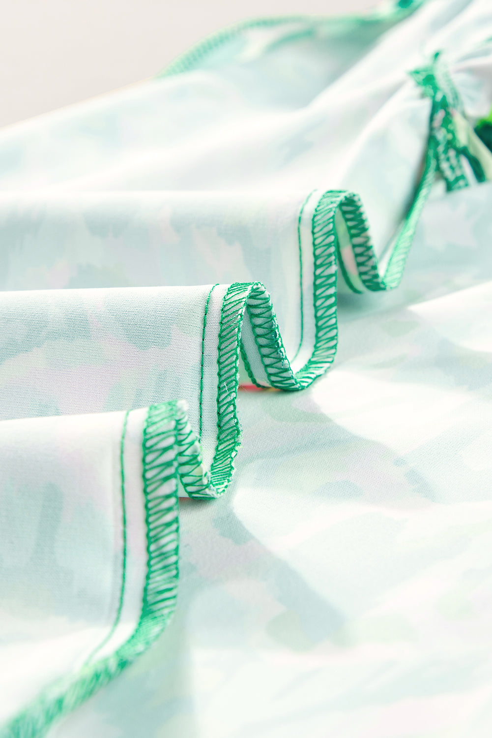 Green Pastel/Floral/Abstract Print Ruffled Trim Tied Split Neck Tank Top