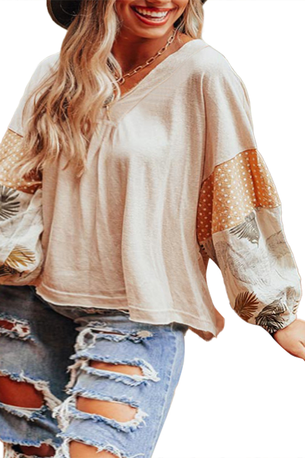 Jet Stream – Lockere Bluse mit Palmenblättern und Punkten, Puffärmeln, Patchwork, V-Ausschnitt