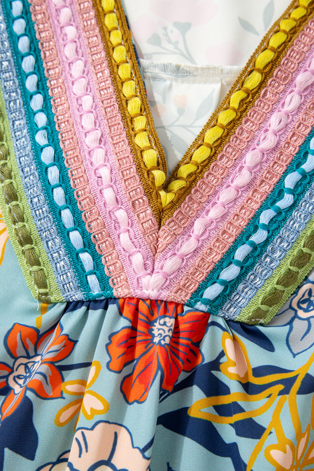 Sky Blue Floral Print Ruffled Long Sleeve Crochet Trim V Neck Blouse