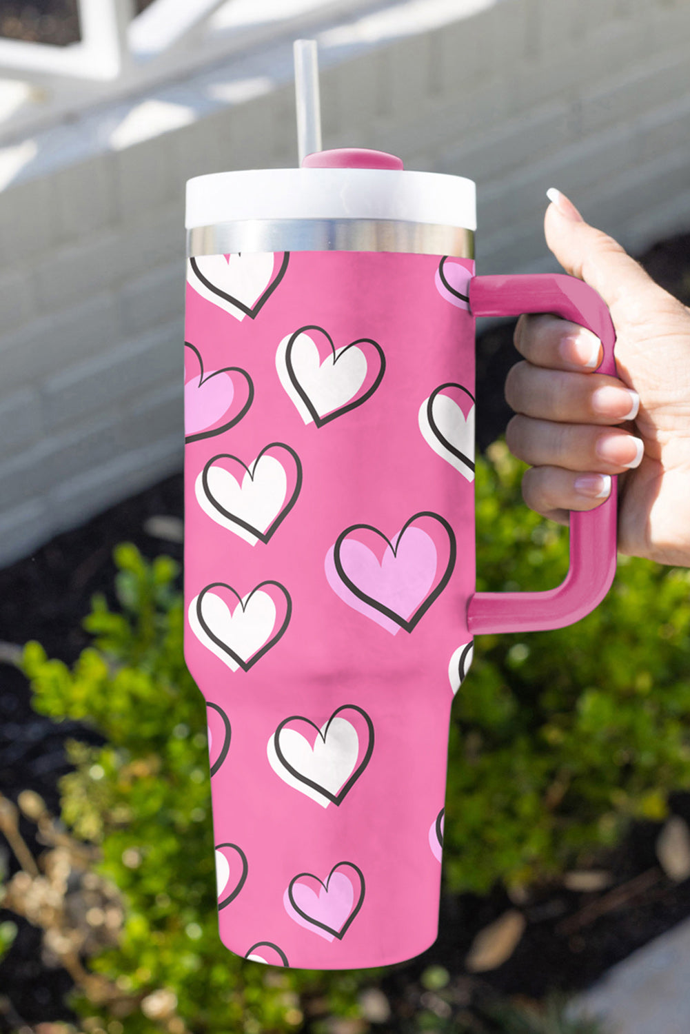 Thermosbecher mit Henkel und Herzmotiv in Rosenrot, 1,2 l