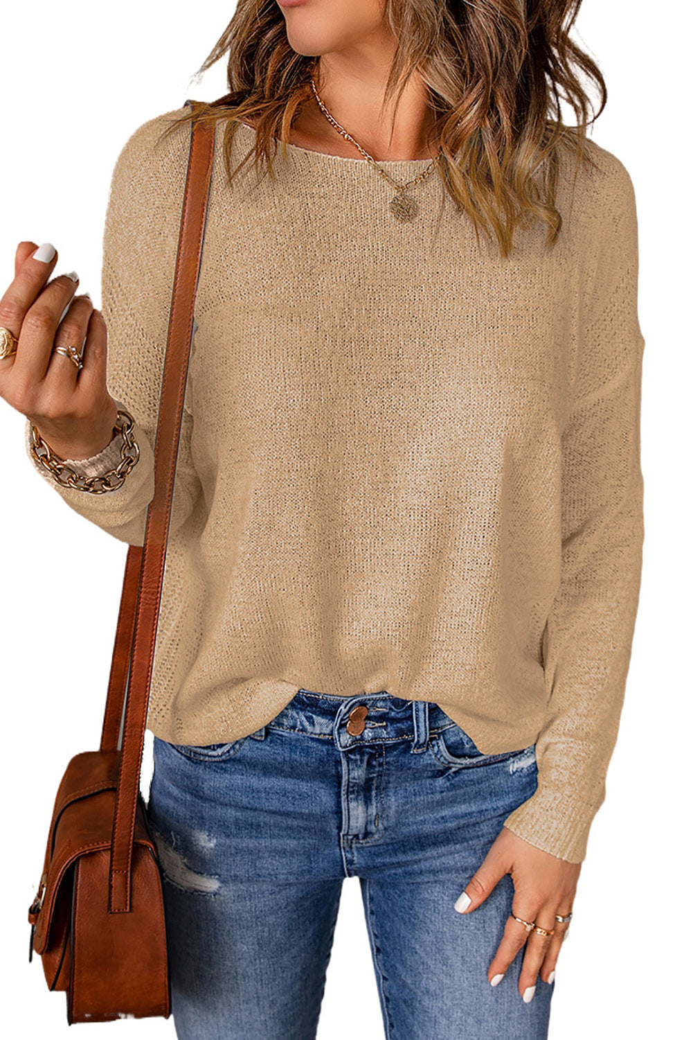 Aprikosenfarbener Pullover mit überschnittener Schulter