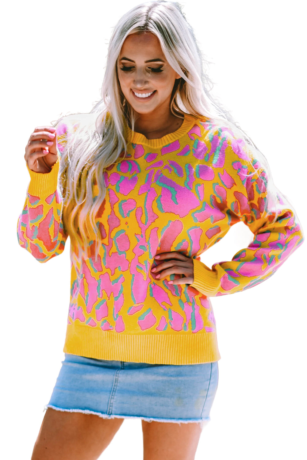 Vitality – Orangefarbener Baggy-Pullover mit abstraktem Print und geripptem Saum