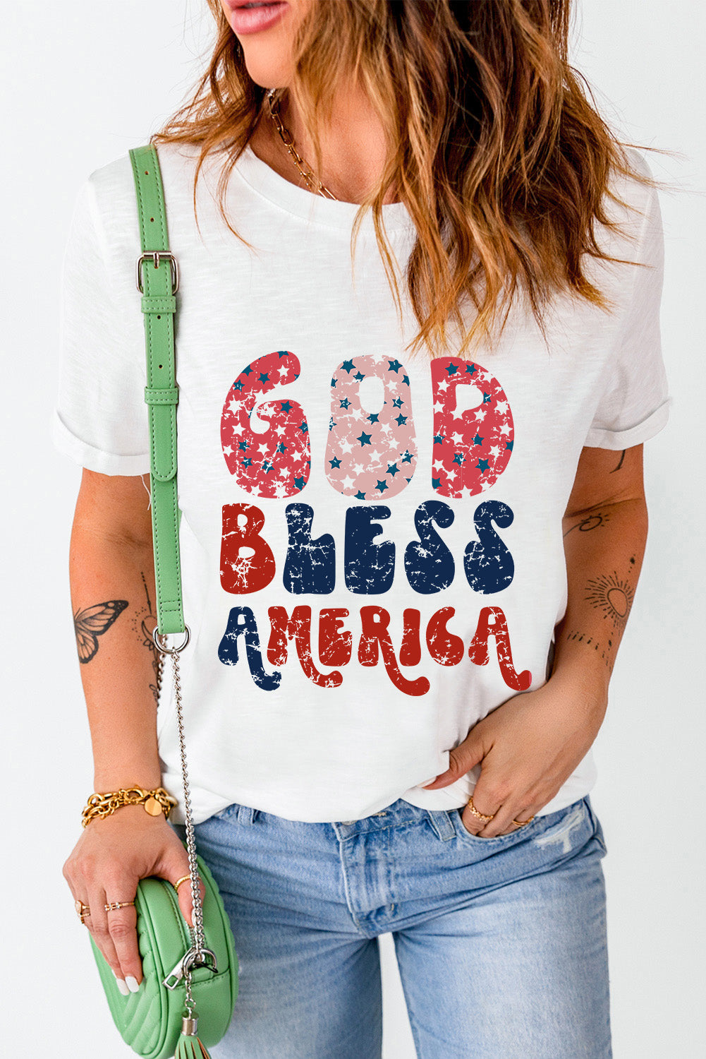 Weißes T-Shirt mit „God Bless America“-Grafik
