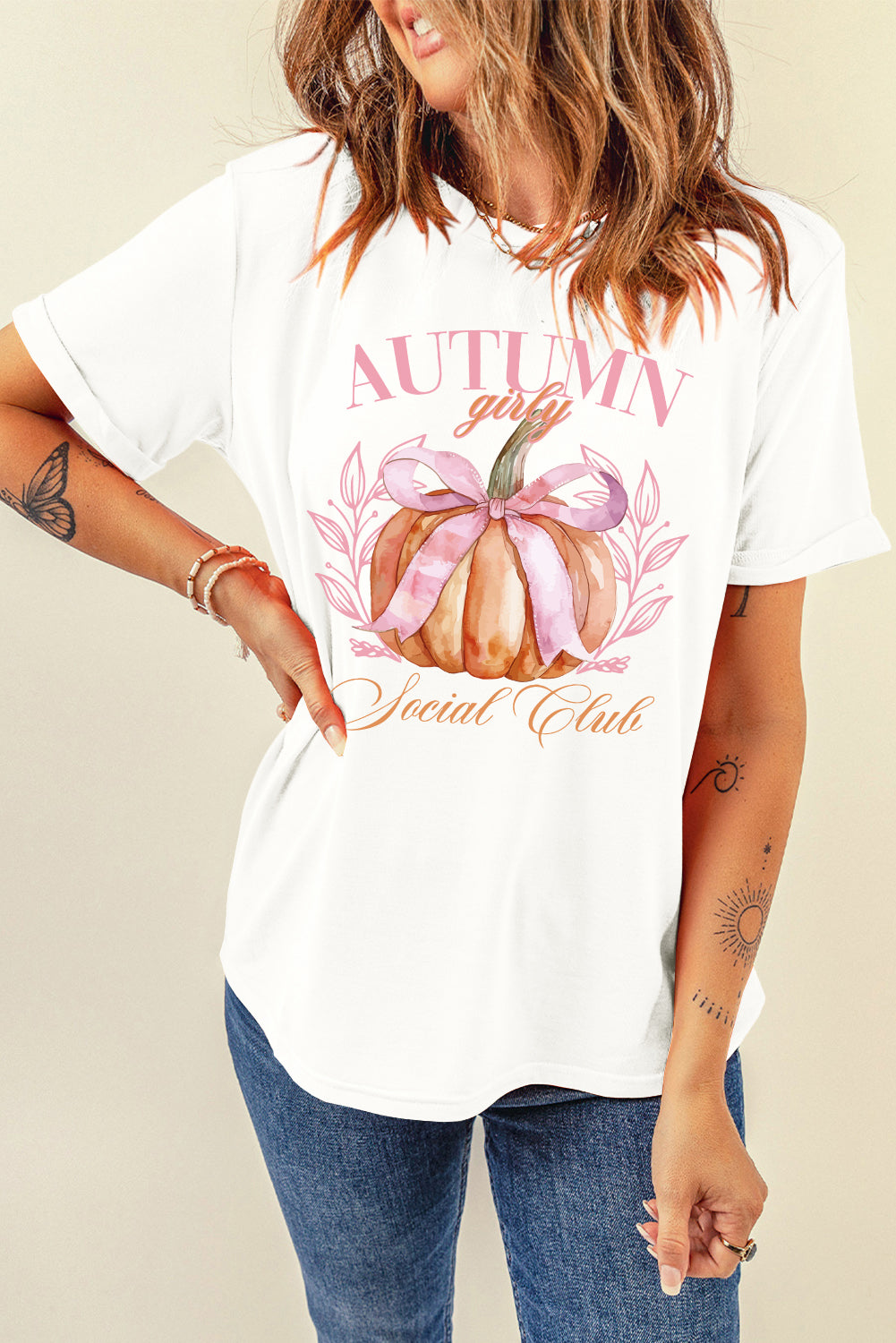 Weißes Herbst-Girly Thanksgiving Bowknot Kürbis Grafik T-Shirt