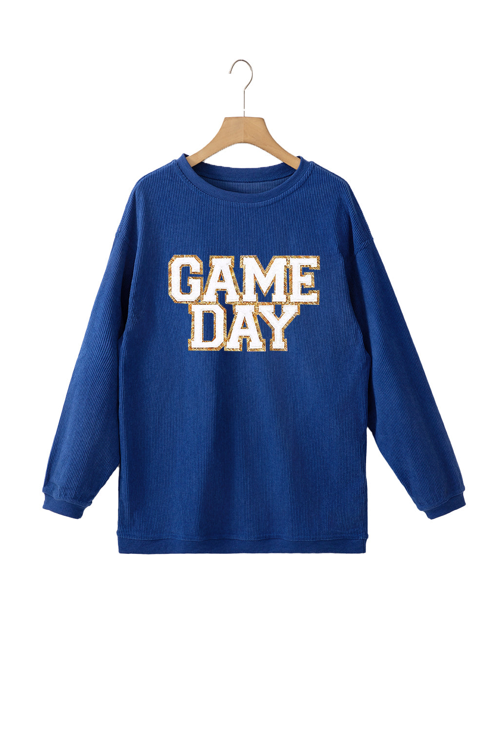 Dunkelblaues GAME DAY-Sweatshirt mit Glitzerdetail und überschnittener Schulterpartie