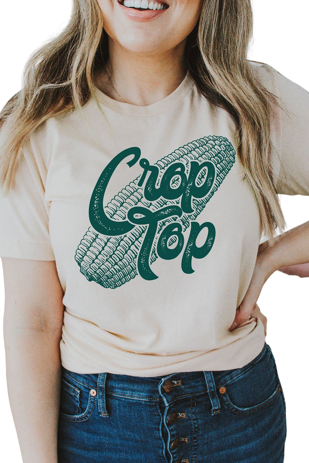 Khakifarbenes Crop-Top mit Mais-Grafik
