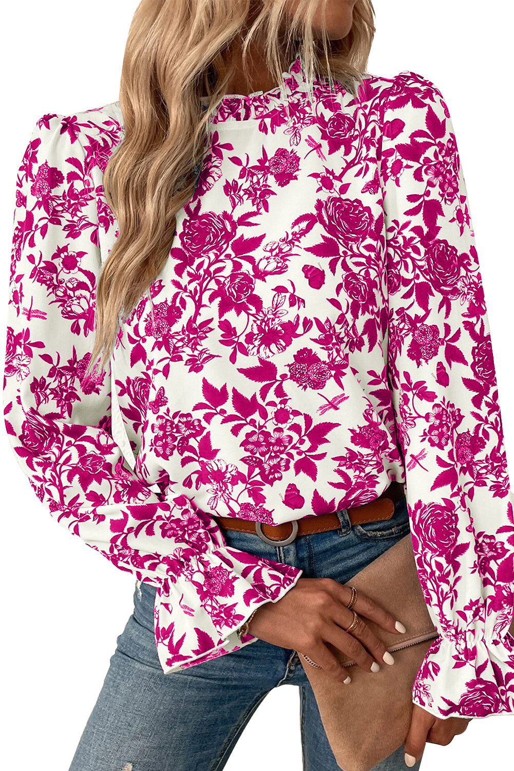 Bluse mit Rosen-Blumendruck, Volantärmeln und Schlüsselloch-Rücken
