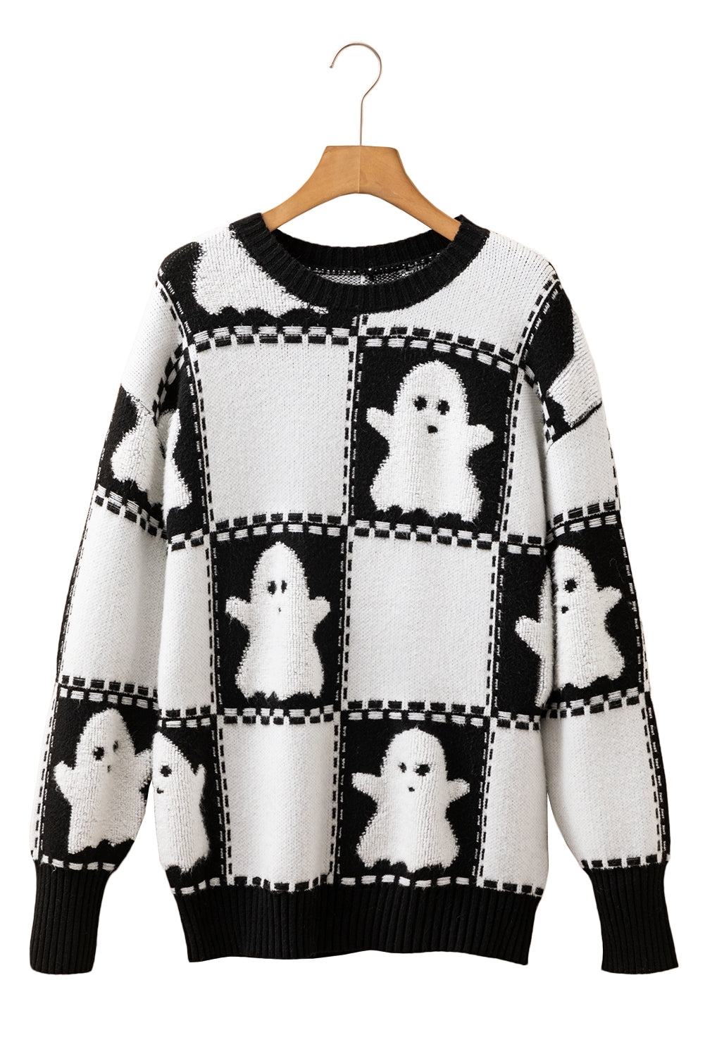 Black Halloween Ghost Checkered Drop Shoulder Sweater