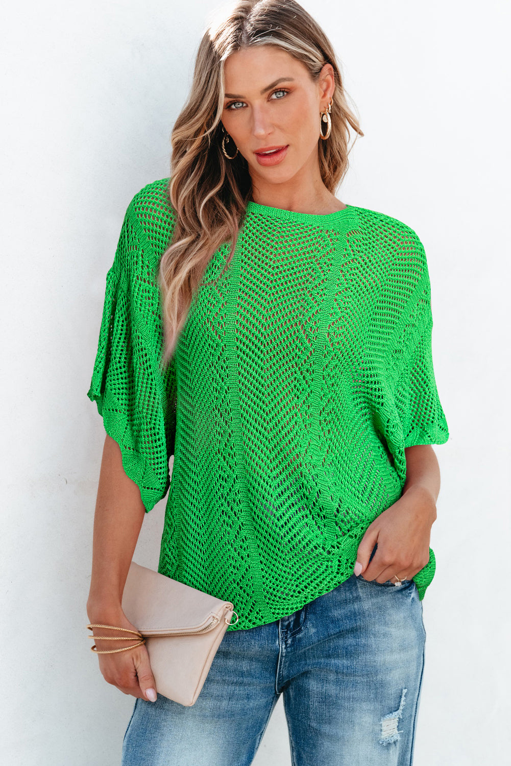 Grünes, kurzärmliges Pointelle-Stricktop mit Muschelsaum