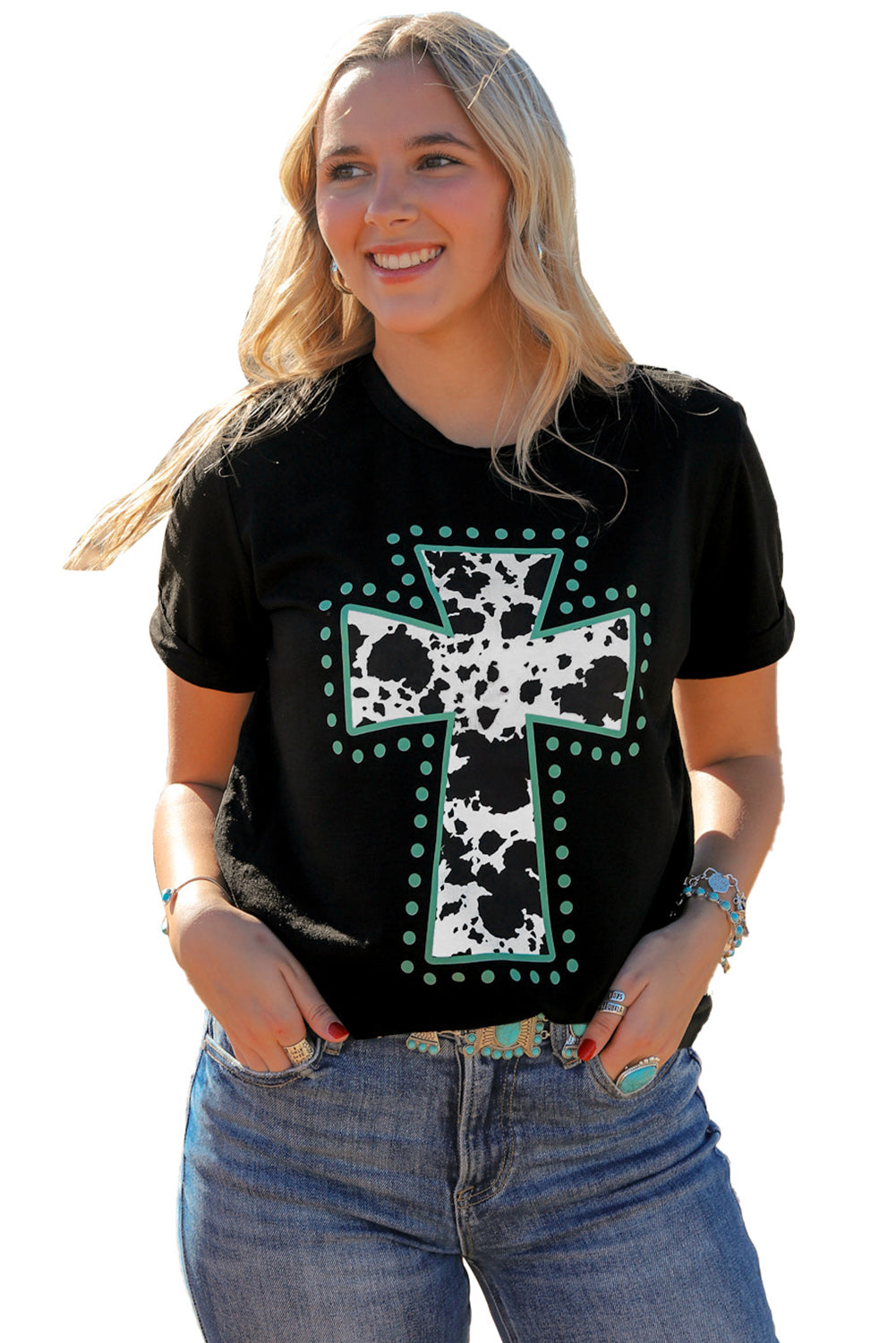 Schwarzes T-Shirt mit Tiermuster und Kreuzgrafik