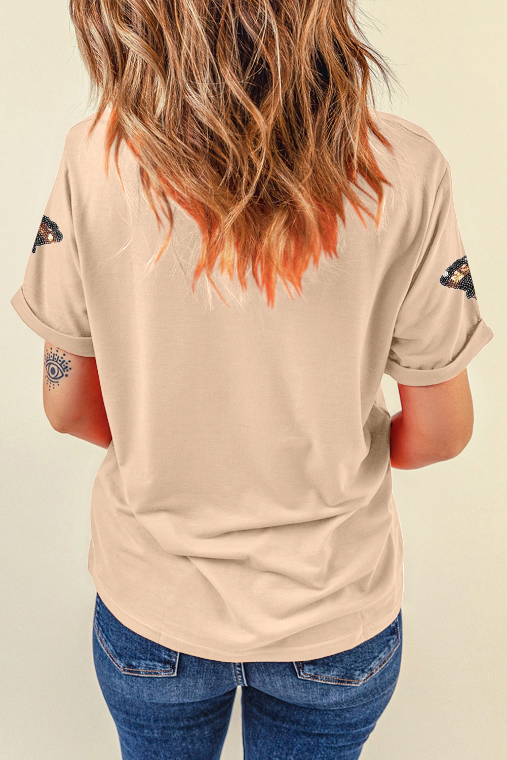 Khakifarbenes Thanksgiving-T-Shirt mit Rundhalsausschnitt und Pailletten