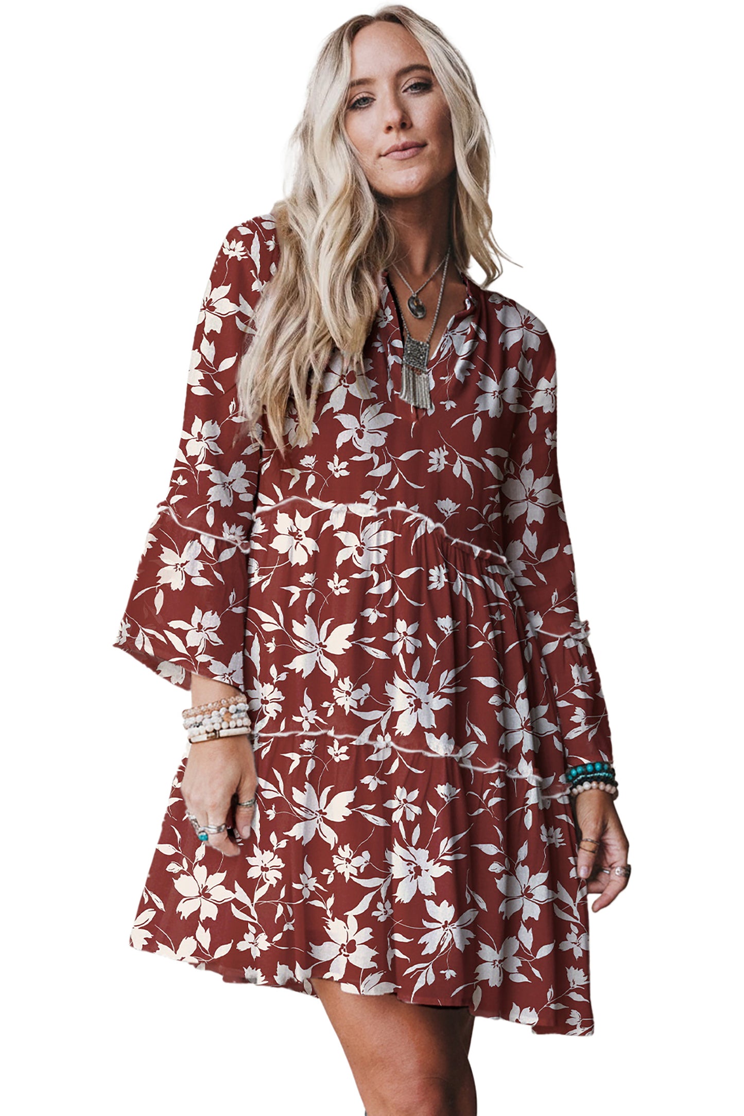 Red Boho Floral Print Lettuce Trim 3/4 Sleeve Mini Dress