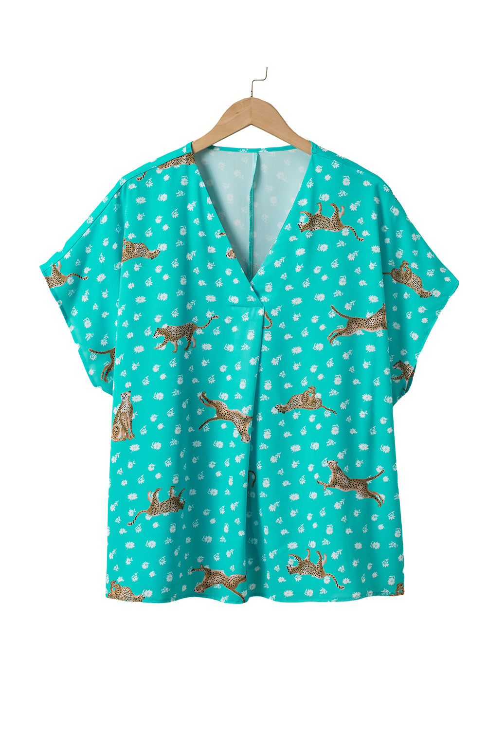 Grünes, kurzärmliges Plus-Top mit V-Ausschnitt und Gepardenmuster