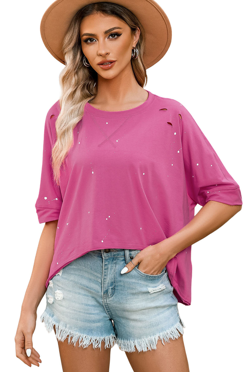 Rosa, gebleichtes Top mit asymmetrischem Saum im Used-Look und kurzen Ärmeln
