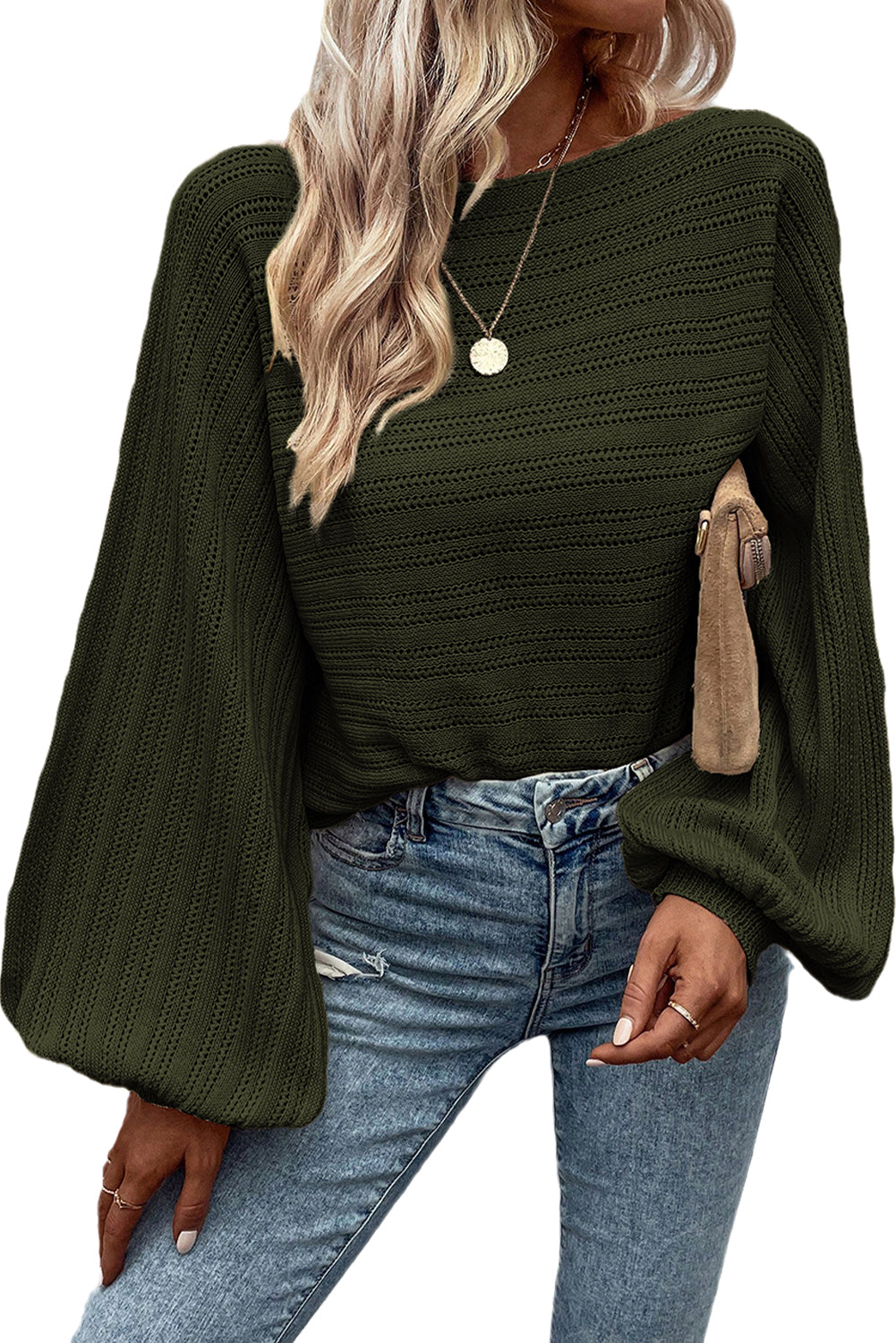 Strukturierter Strickpullover mit Ösen und Ärmeln im Jungle Green Lantern-Stil