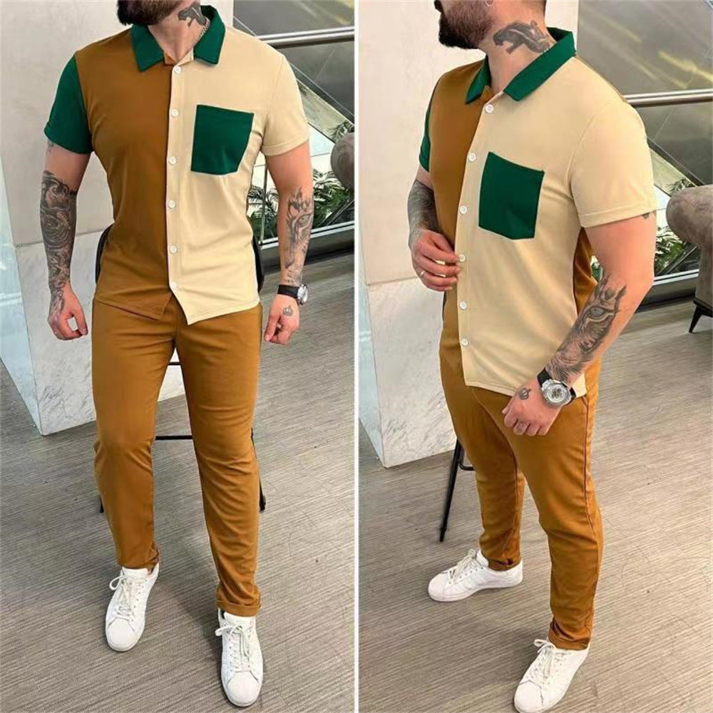Color Matching Men's Shirt Short-Sleeved Trousers Trendy Casual Sports Suit