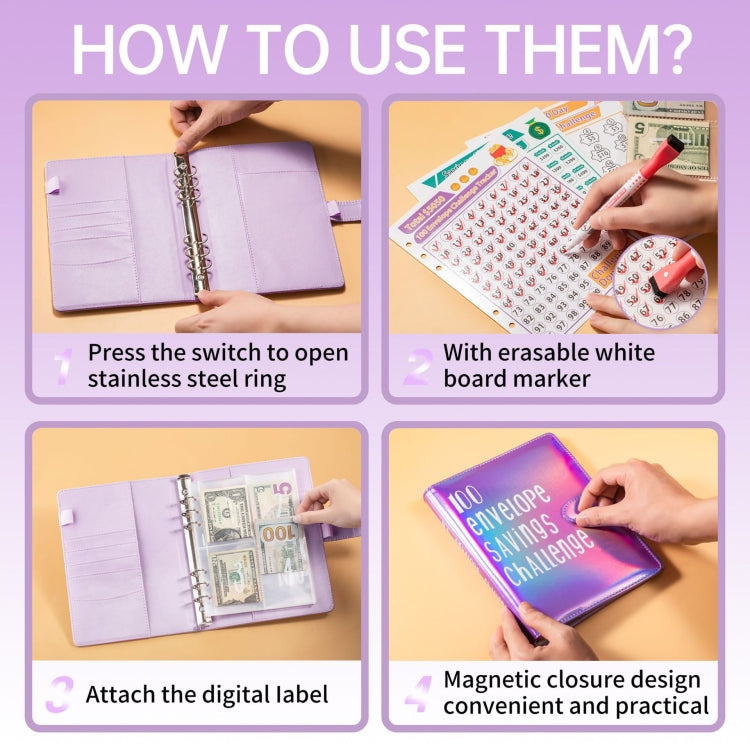 100 Day Savings Challenge A5 Loose Leaf Cash Budget Notebook, Colorful Silver, Black Gold, Rose Red