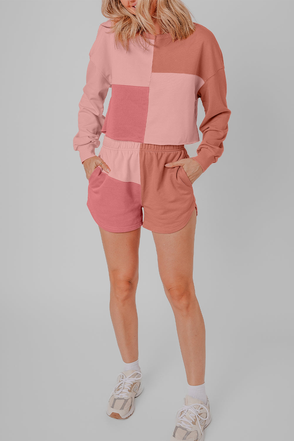 Pfirsichblüten-Colorblock-Patchwork-Langarm-Shorts-Outfit