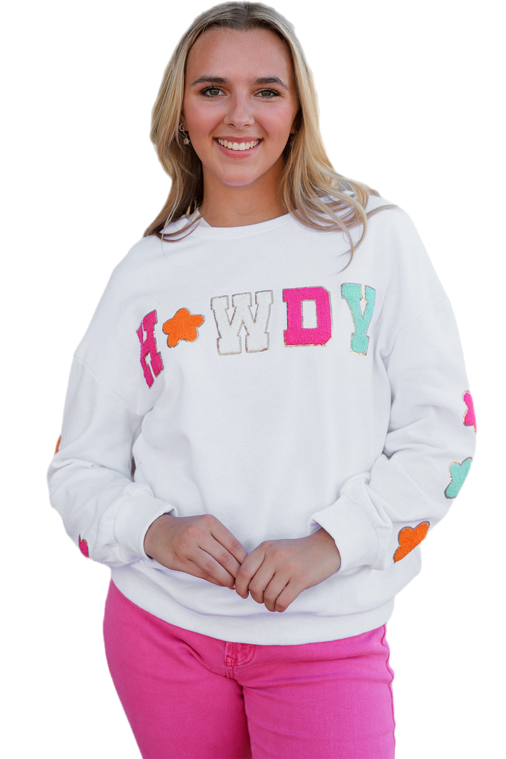 Weißes Howdy Glitzer Chenille Patch Grafik Casual Sweatshirt