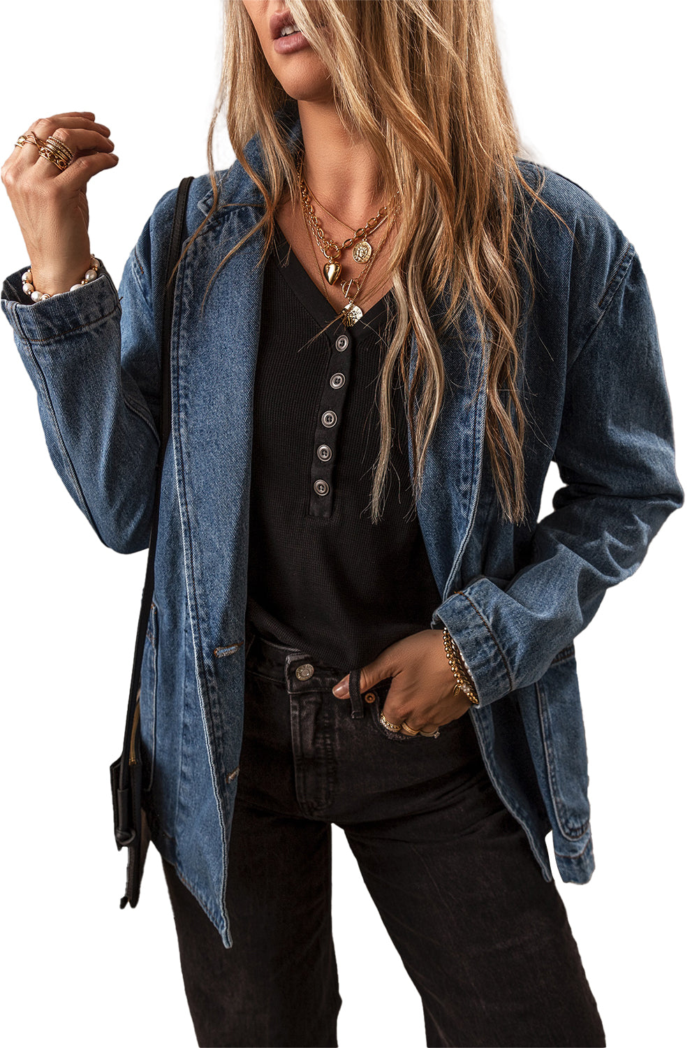 Segelblaue Jeansjacke mit Seitentaschen und Reverskragen